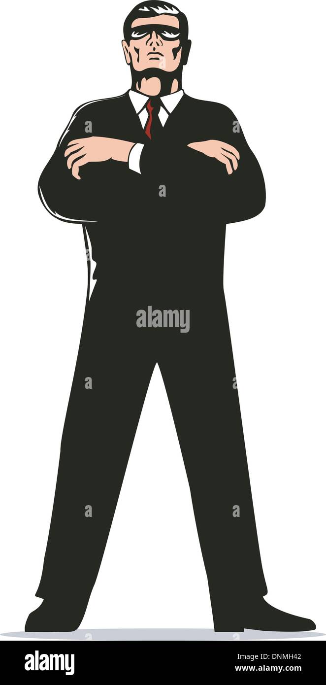 Ilustración de un agente del servicio secreto de la guardia del cuerpo de pie con los brazos cruzados Ilustración del Vector