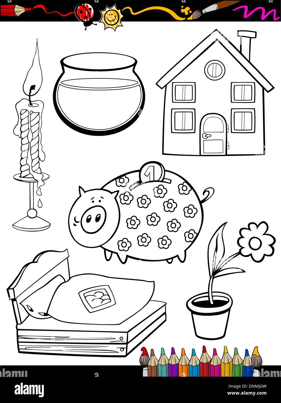 Libro para colorear la ilustración de dibujos animados o página de inicio en blanco y negro los objetos configurados para la educación de los niños Ilustración del Vector