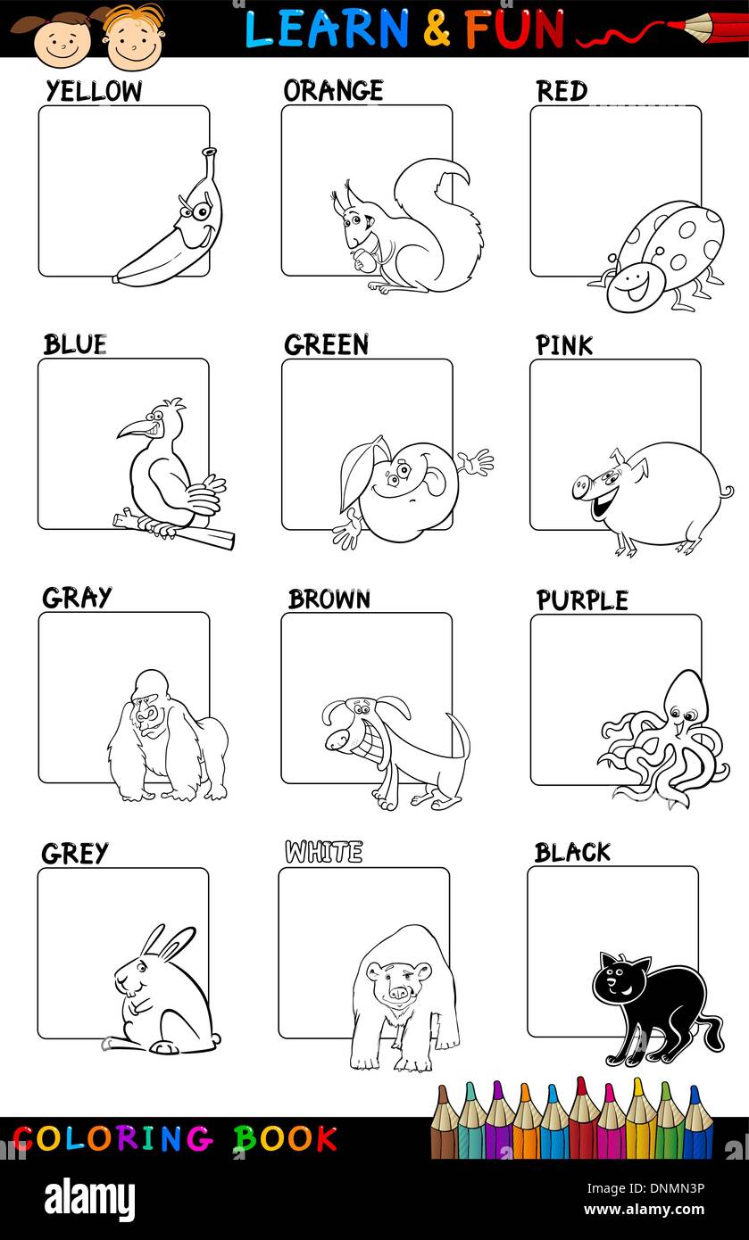 Libro para colorear de dibujos animados o ilustración Página de colores  primarios con animales u objetos para la educación de los niños Fotografía  de stock - Alamy