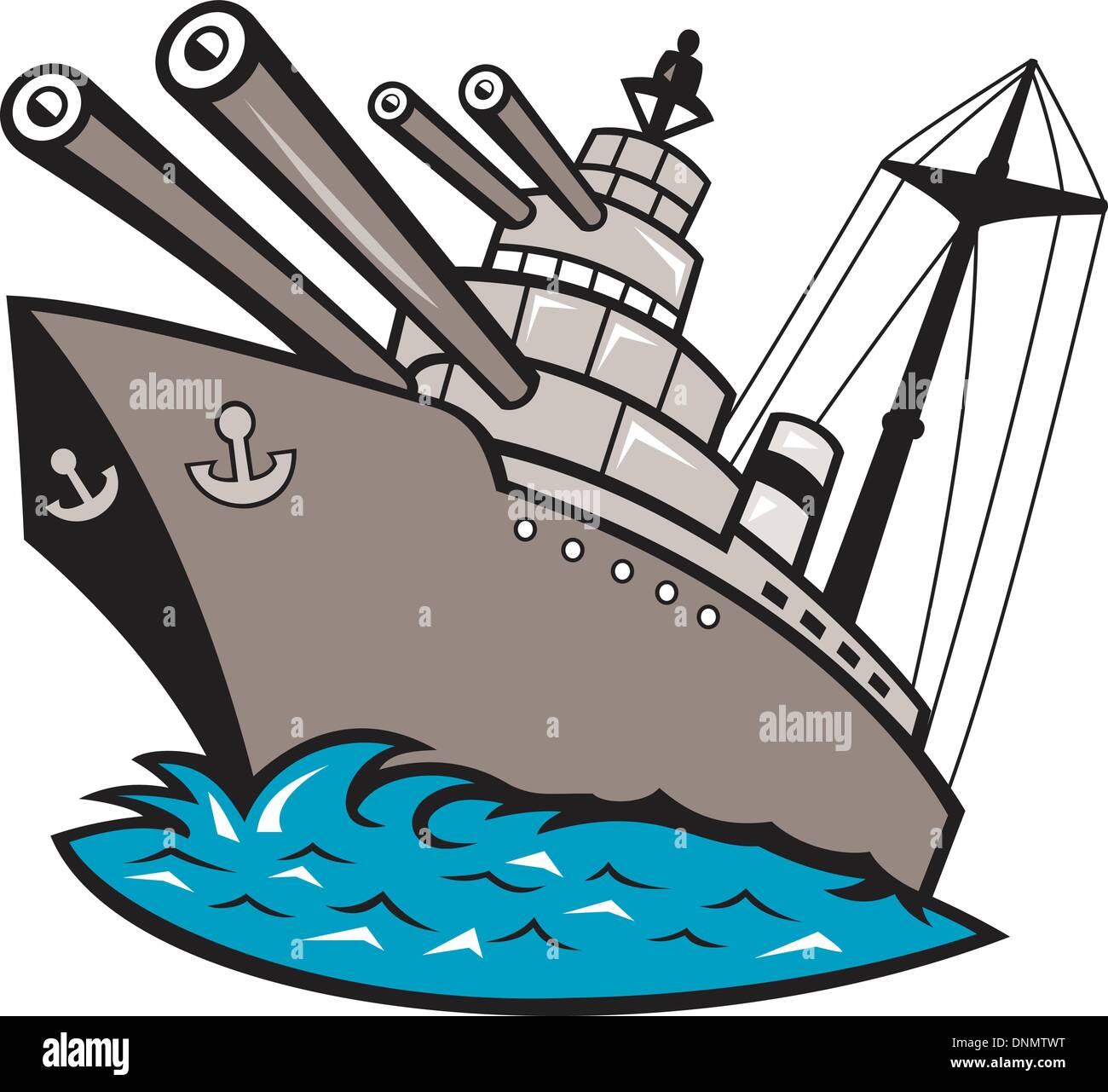 Ilustración de un buque de guerra acorazado barco barco con grandes cañones  vistos desde un ángulo bajo estilo de dibujos animados Imagen Vector de  stock - Alamy