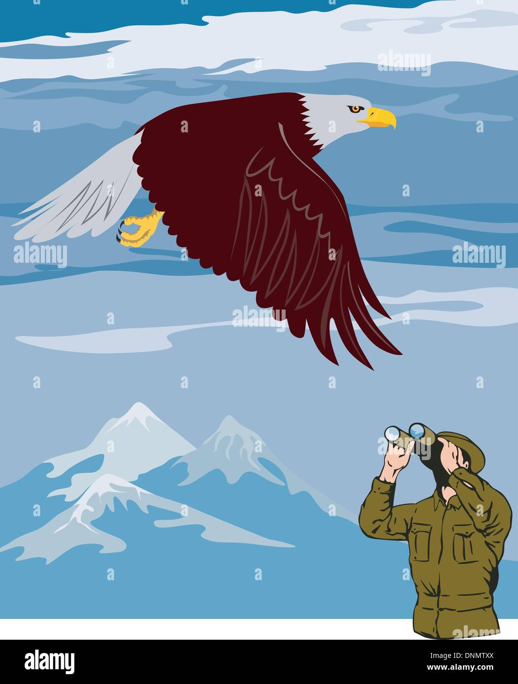 Ilustración de un hombre mirando un águila a través de unos prismáticos con las montañas en el fondo, hecho en estilo retro. Ilustración del Vector