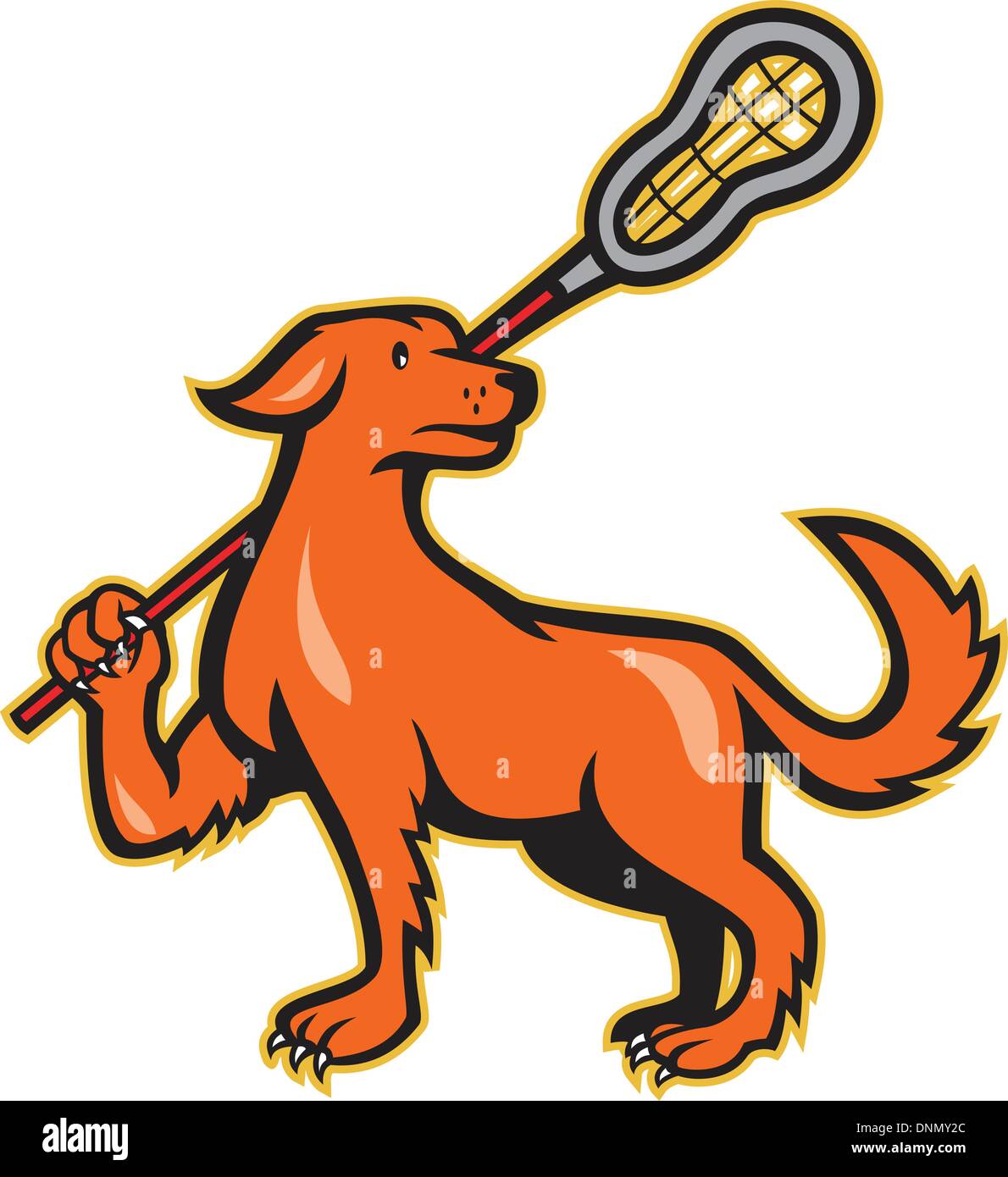 Ilustración de un perro sosteniendo una lacrosse stick visto desde el