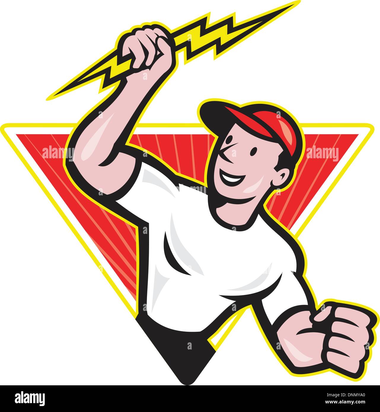 Ilustración de un electricista, trabajador de la construcción sosteniendo  un rayo establecido dentro del triángulo hecho en el estilo de dibujos  animados aisladas en fondo blanco Imagen Vector de stock - Alamy