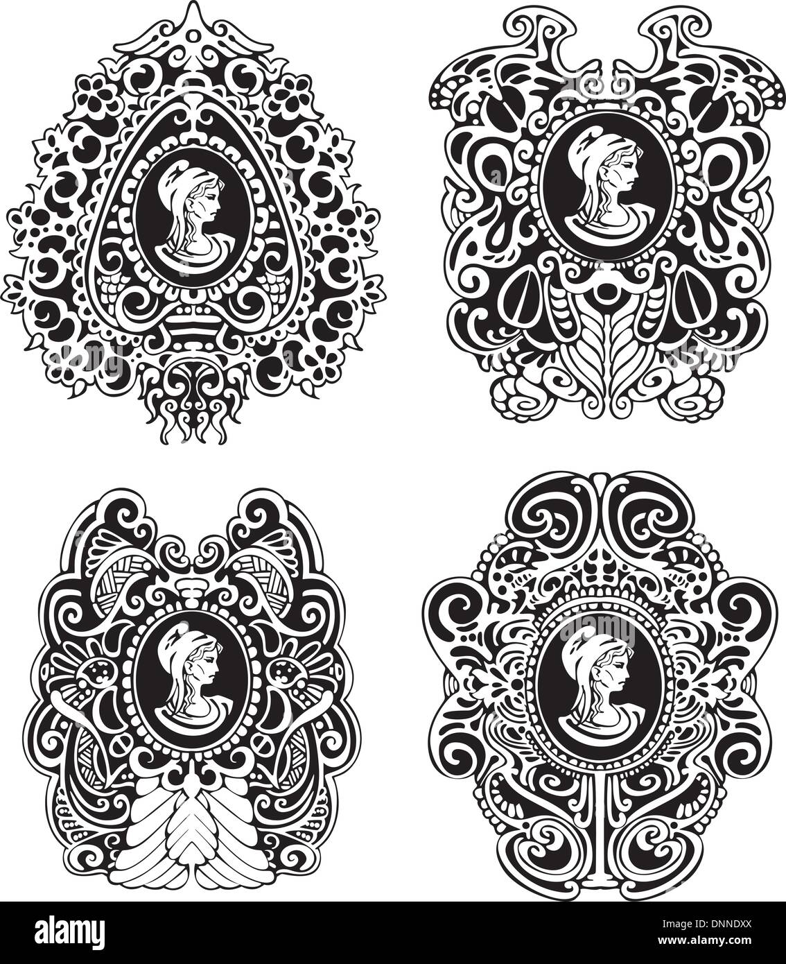 Conjunto de camafeos antiguos decorativos con la mujer retrato en el  perfil. Ilustraciones vectoriales en blanco y negro Imagen Vector de stock  - Alamy