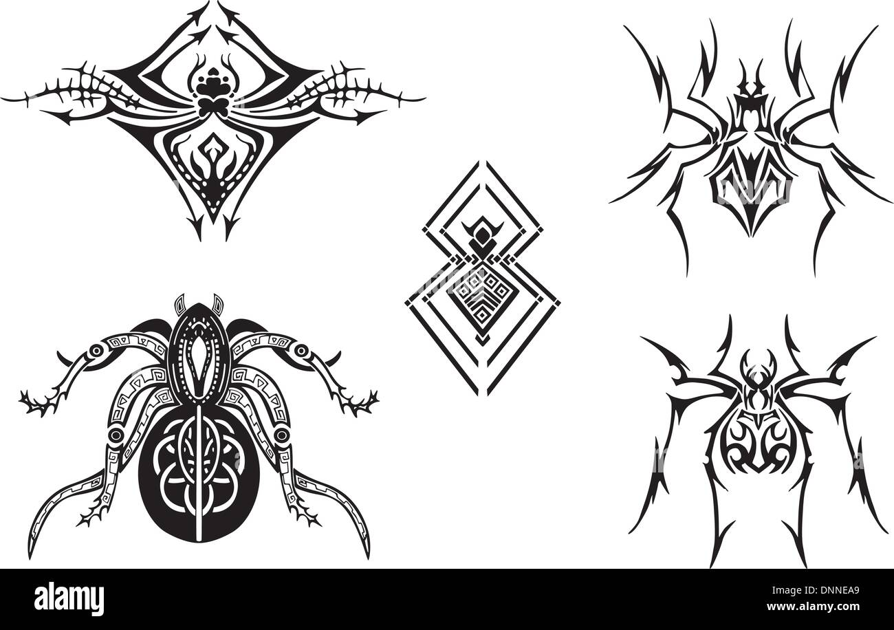 El conjunto con cinco sencillos en blanco y negro simétrico spider bocetos más adecuado para tatuajes, corte de vinilo o T-shirts. Vecto Imagen Vector de stock - Alamy