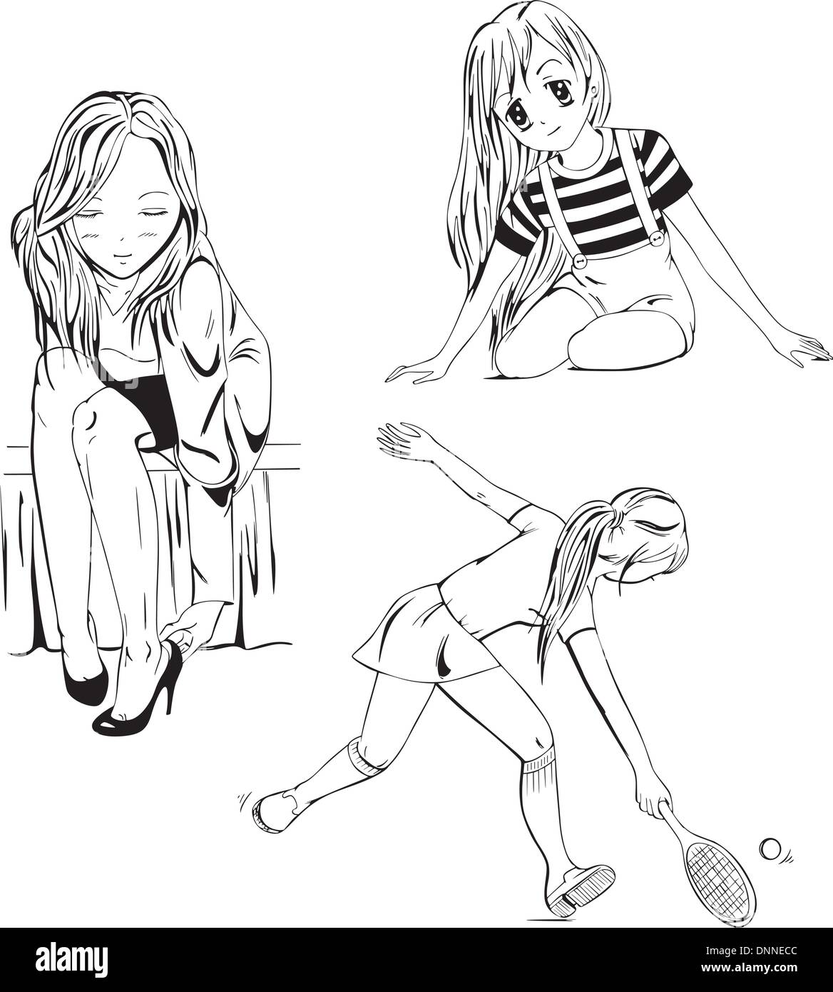 Serie de anime Niñas. En blanco y negro ilustración vectorial. Ilustración del Vector