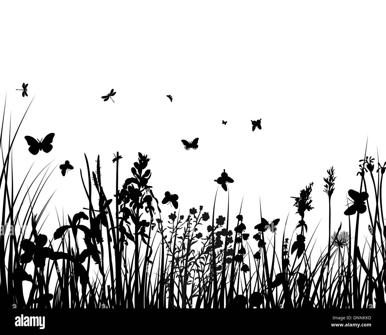 Antecedentes vectoriales siluetas de hierba con mariposas Ilustración del Vector