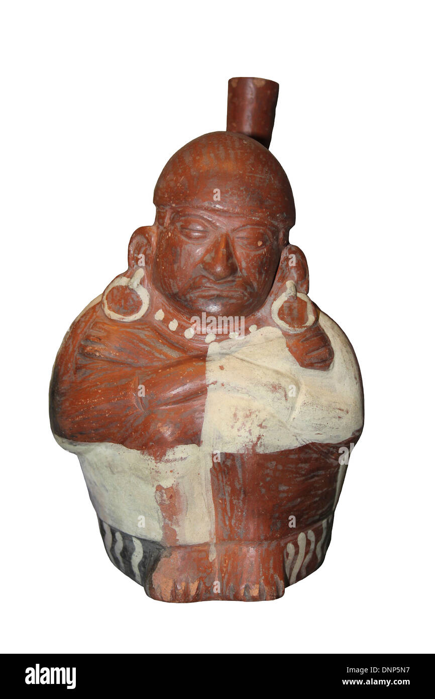 Tobera de estribo botella - muestra una figura humana con grandes orejeras. La Cultura Moche Fase III AD 200-400 Foto de stock
