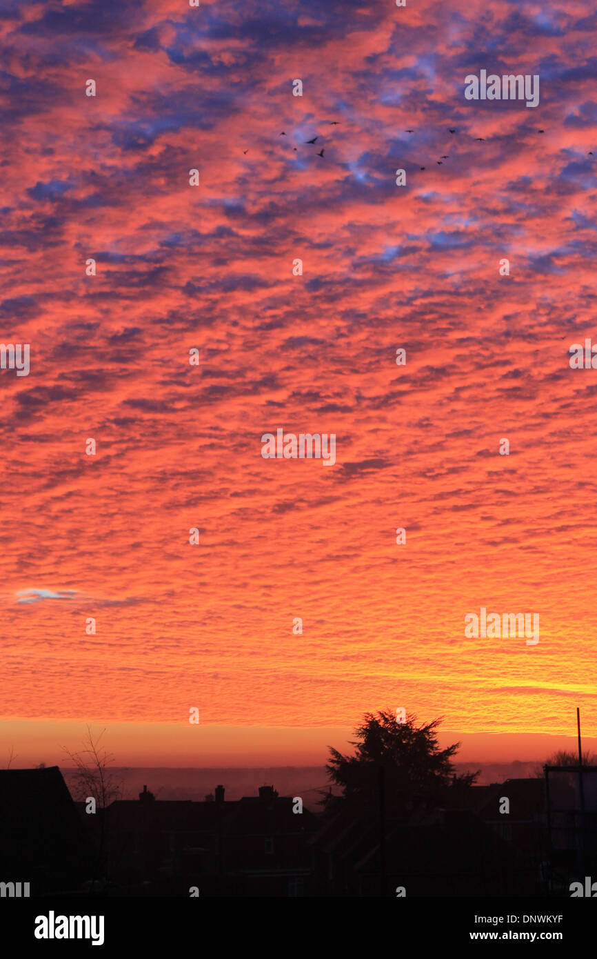 Increíble cielo rojo al amanecer en una mañana de invierno en Eastleigh, Hampshire, Reino Unido Foto de stock