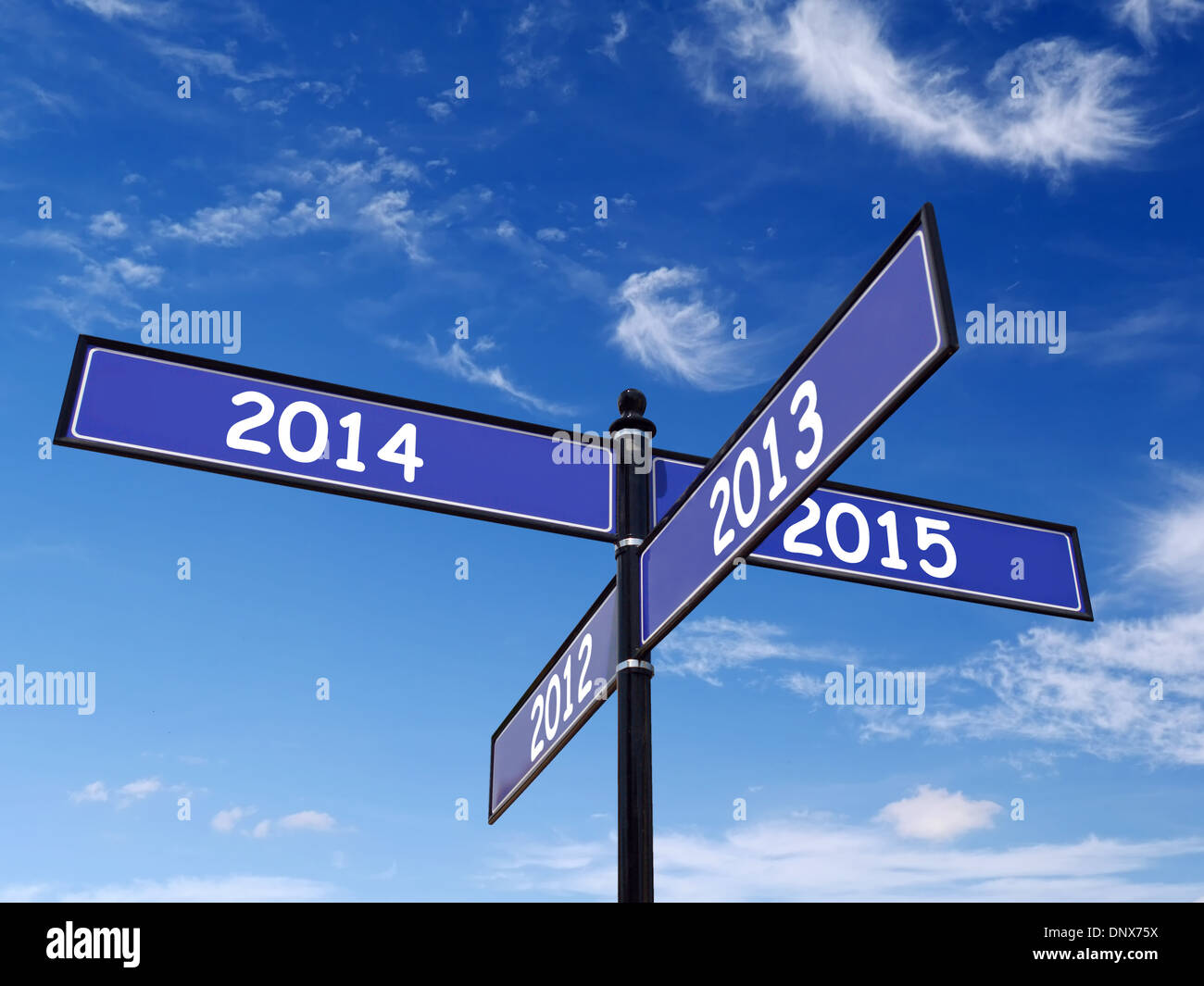 Cuatro vías roadsign metal con los números del año pasado y futuro sobre cielo azul Foto de stock