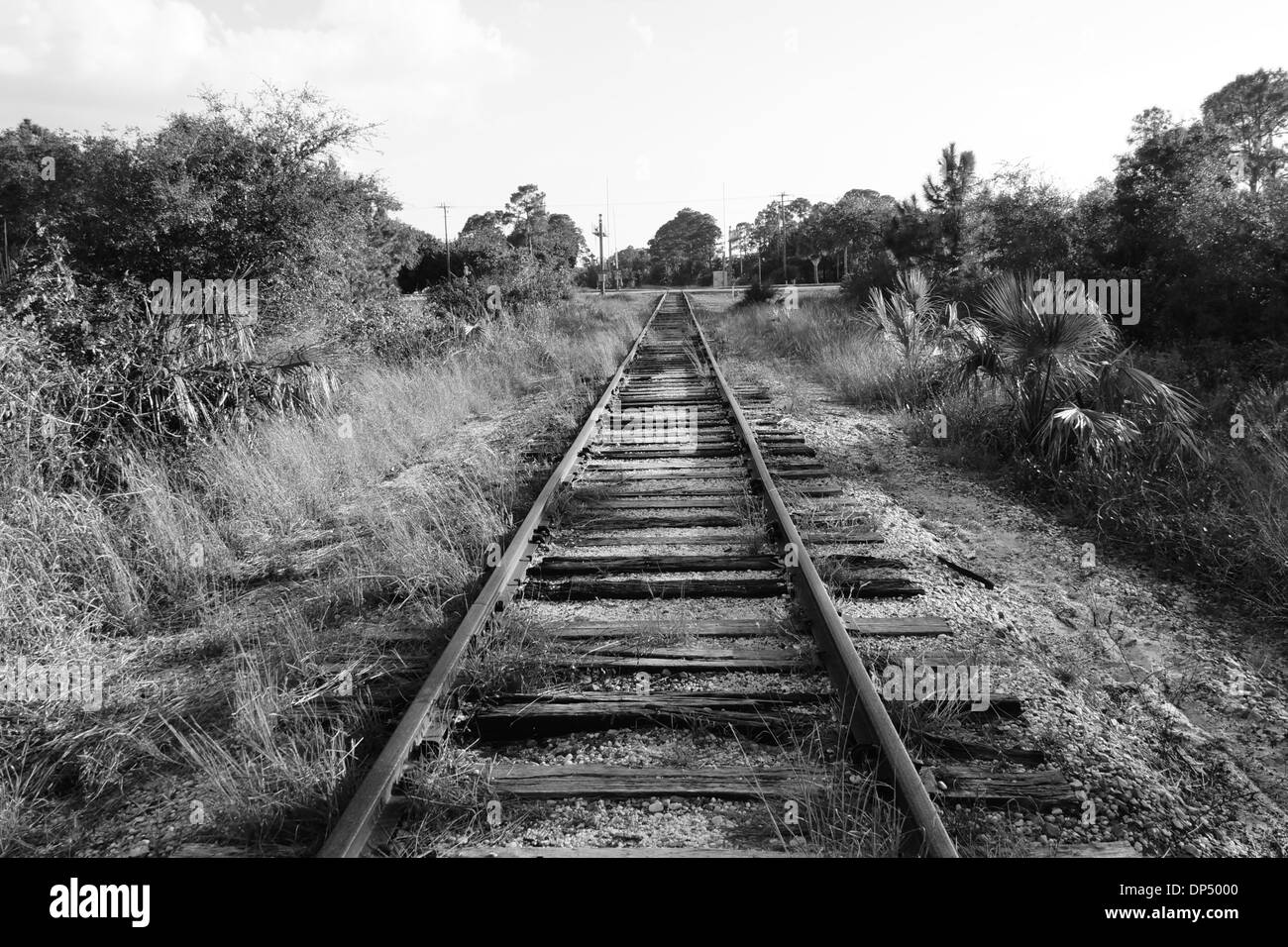 Imagen en blanco y negro del antiguo ferrocarril vía que converge en la distancia en una calle. Foto de stock
