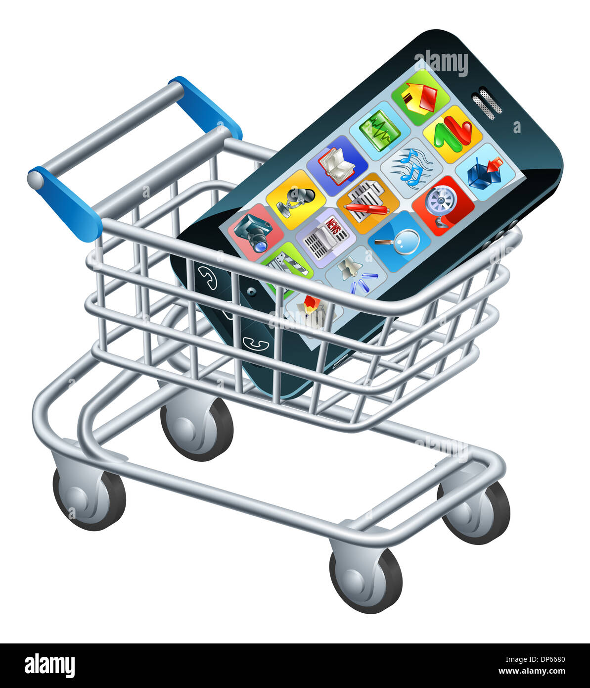 Teléfono móvil de compras, un concepto para comprar aplicaciones o un nuevo teléfono móvil Foto de stock