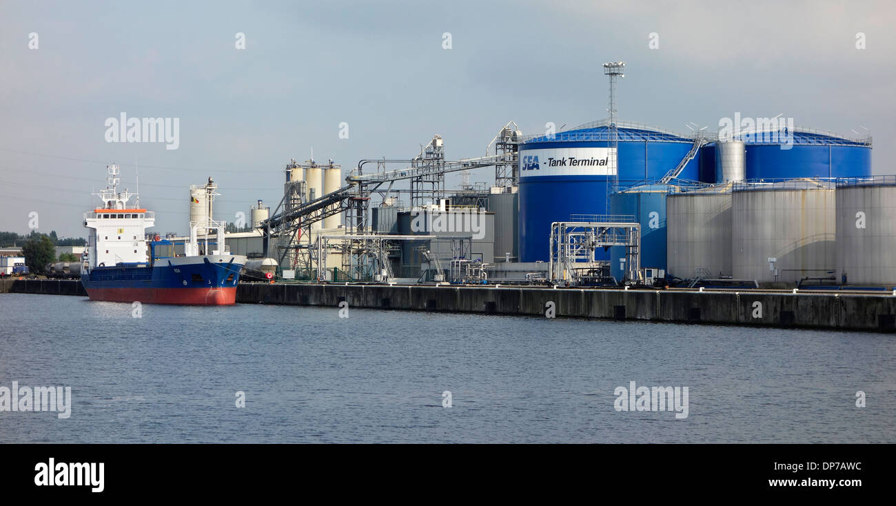 Los tanques de almacenamiento de petróleo, productos químicos, grasas, fertilizantes líquidos, los biocarburantes Sea-Tank terminal, puerto de Gante, Flandes, Bélgica Foto de stock