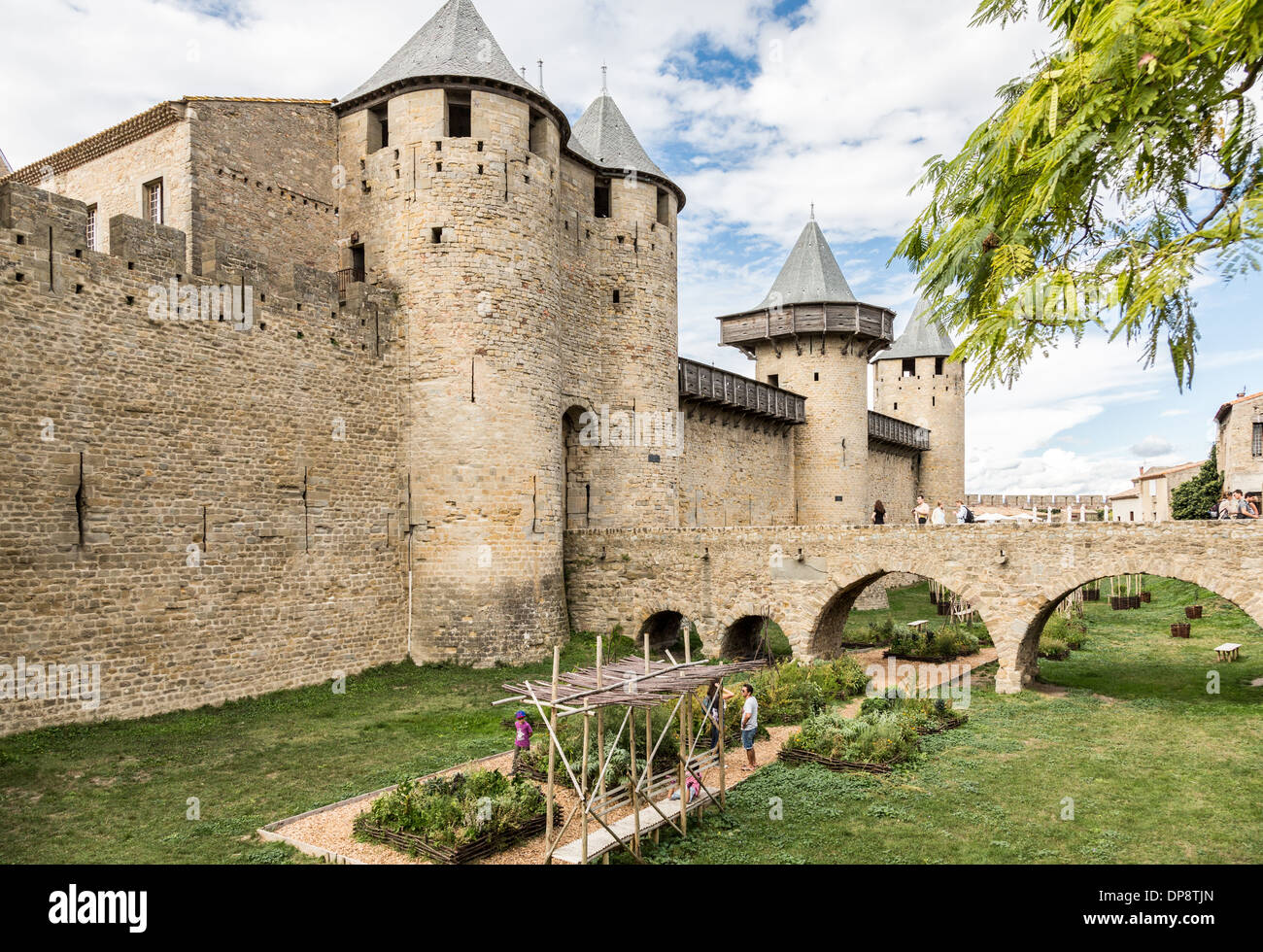 Carcassonne. Francia, Europa. Hermosa antiguas murallas de piedra de la ciudad medieval del Castillo. Foto de stock