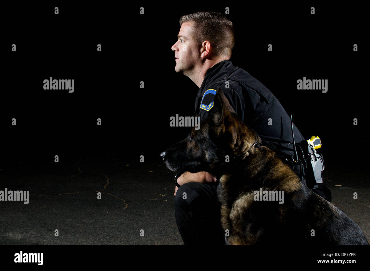 Un oficial de policía K9 y su socio sentados uno al lado del otro durante su turno de noche. Foto de stock