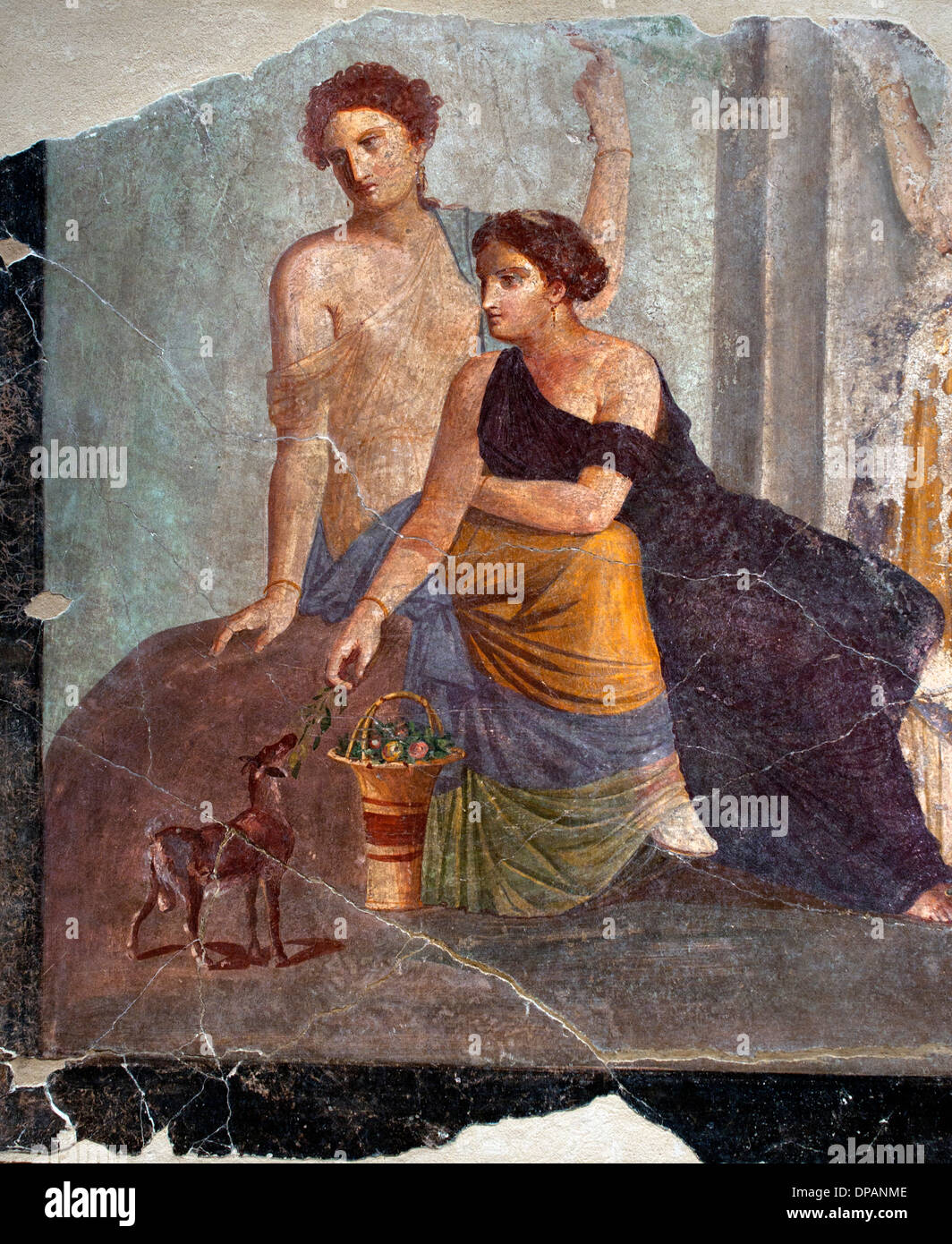 Fresco 30-50 AD AD Pompeya fragmento mujer junto a un cervatillo báquica escena culto Italia Romana Foto de stock