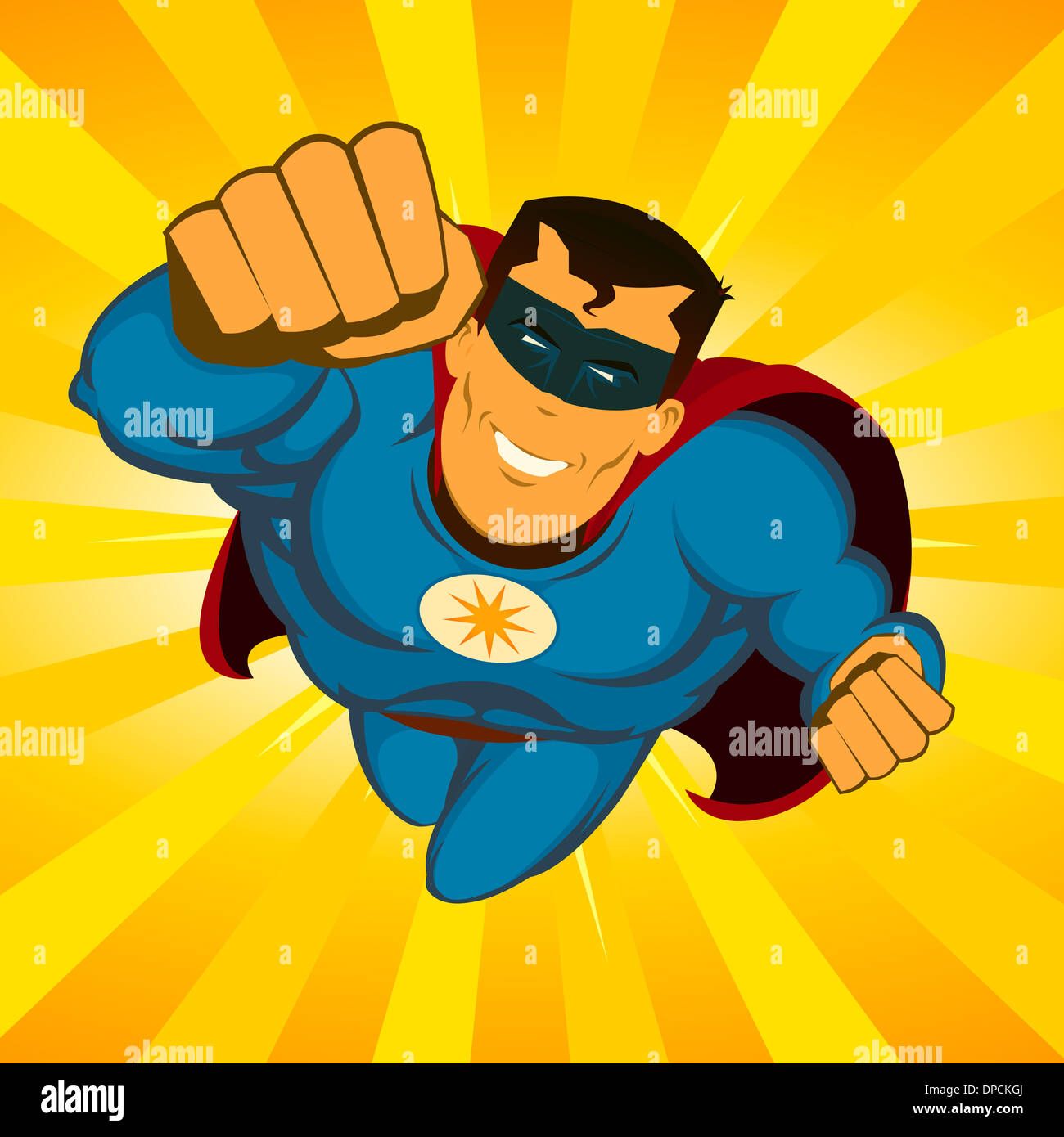 Ilustración de un poderoso héroe de cómic awesome feliz con disfraz rojo y  azul que volaba con explosión de rayos de sol detrás Fotografía de stock -  Alamy