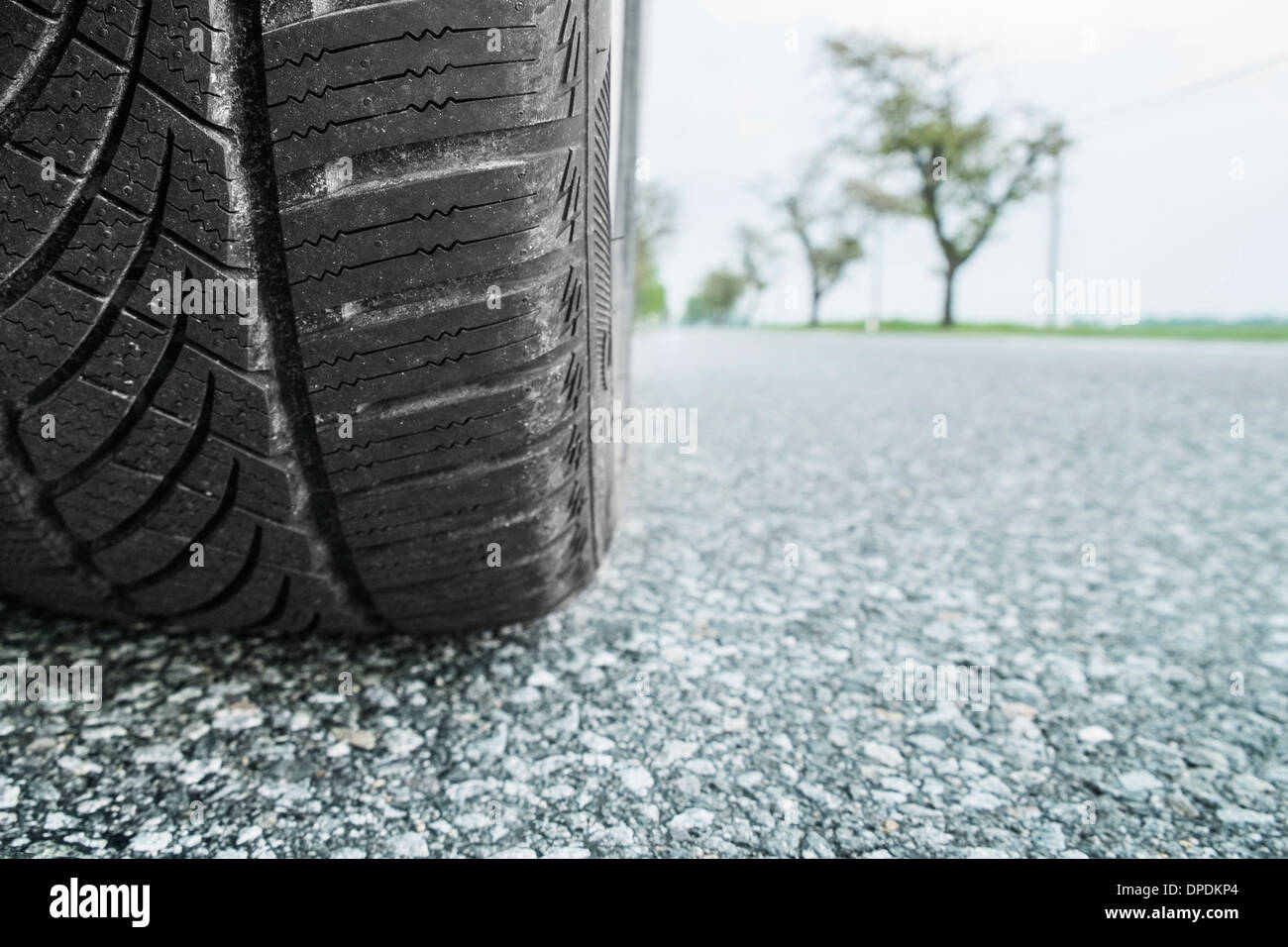 Neumático de automóvil en la carretera, cerrar Foto de stock