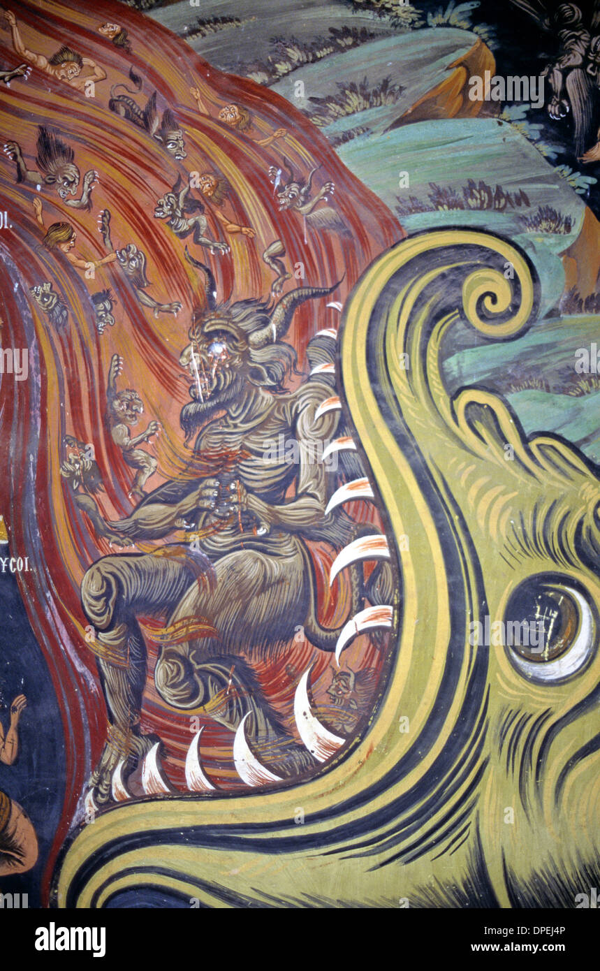Diablo y Satanás en el infierno que se ingiere por monstruo Marino Fresco Gran Lavra Monasterio Monte Athos en Grecia Foto de stock