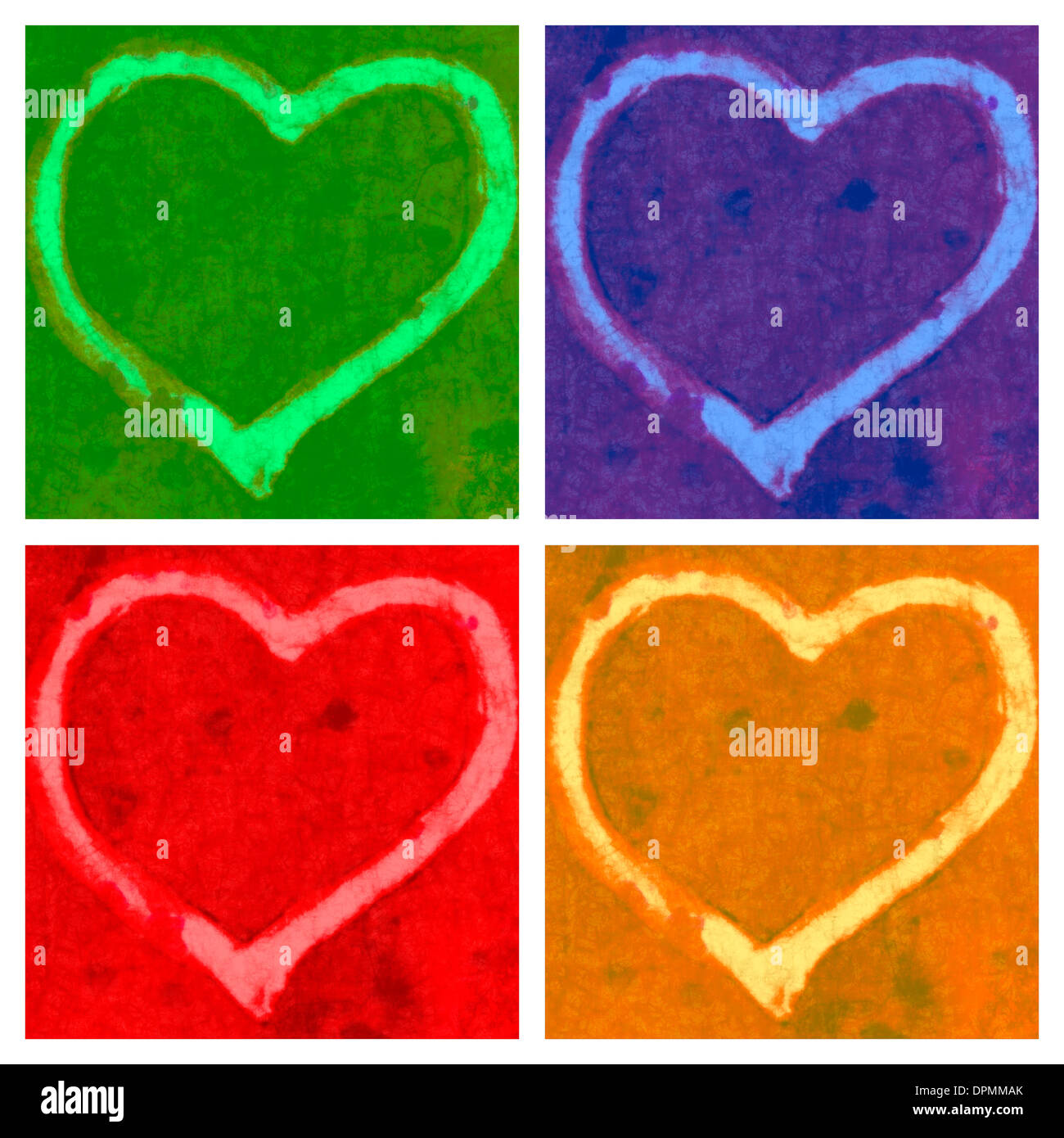 Pintura de cuatro corazones en cuatro cuadrados de verde,azul,rojo y amarillo con espacio para copiar. Foto de stock