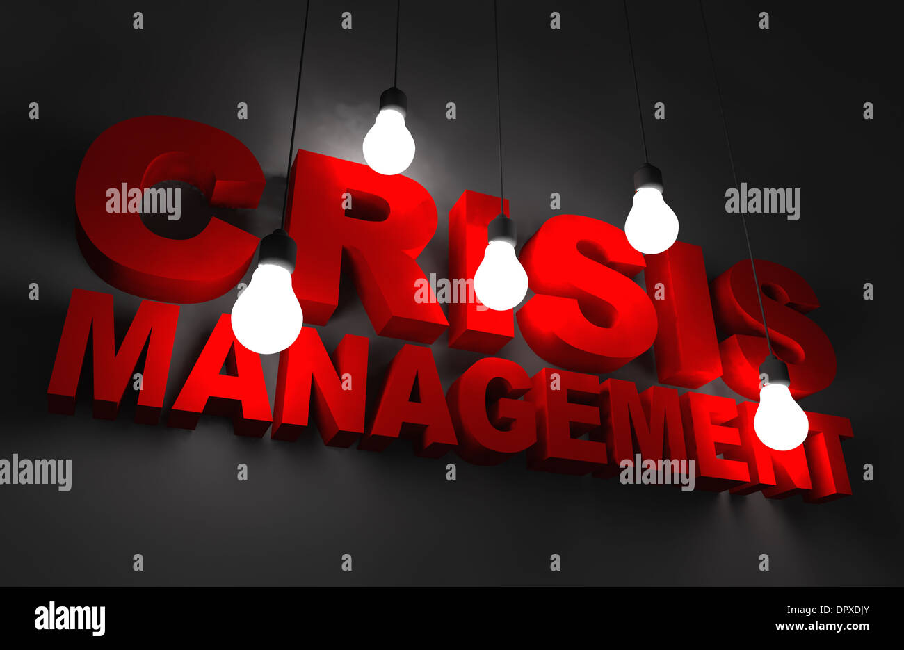 Ilustración del concepto de gestión de crisis. Letras rojas iluminadas por lámparas colgantes. Foto de stock