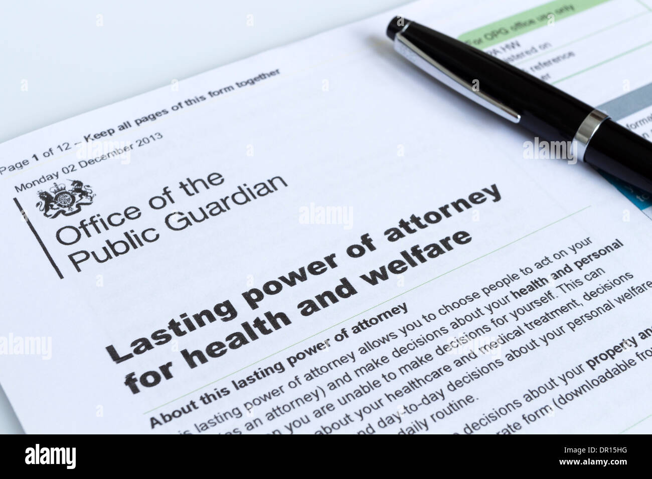 Poder notarial duradero para la salud y el bienestar Formulario desde la Oficina del Tutor Público UK Foto de stock