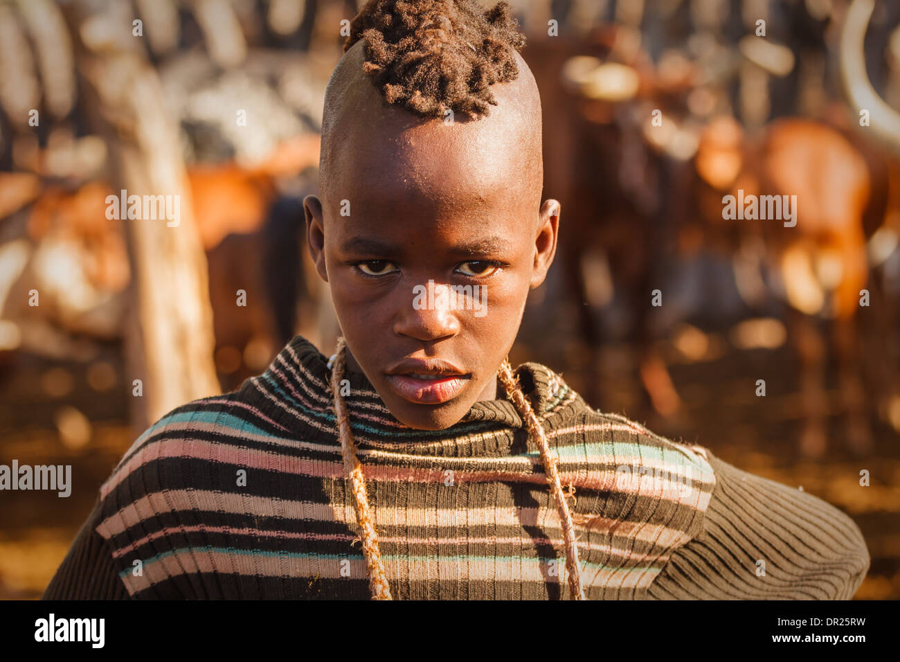 Close-up retrato de adolescentes Himba boy afuera en Damaraland, Namibia, África Foto de stock
