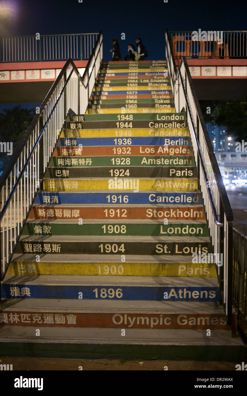 Escaleras con los pasos pintados cada año de los juegos olímpicos de verano. Foto de stock