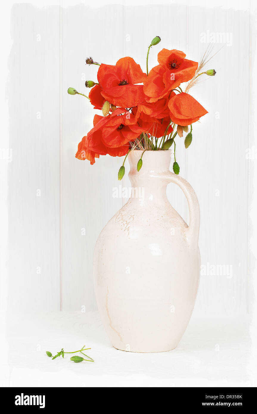 Antique jarra llena de amapolas rojas brillantes Foto de stock