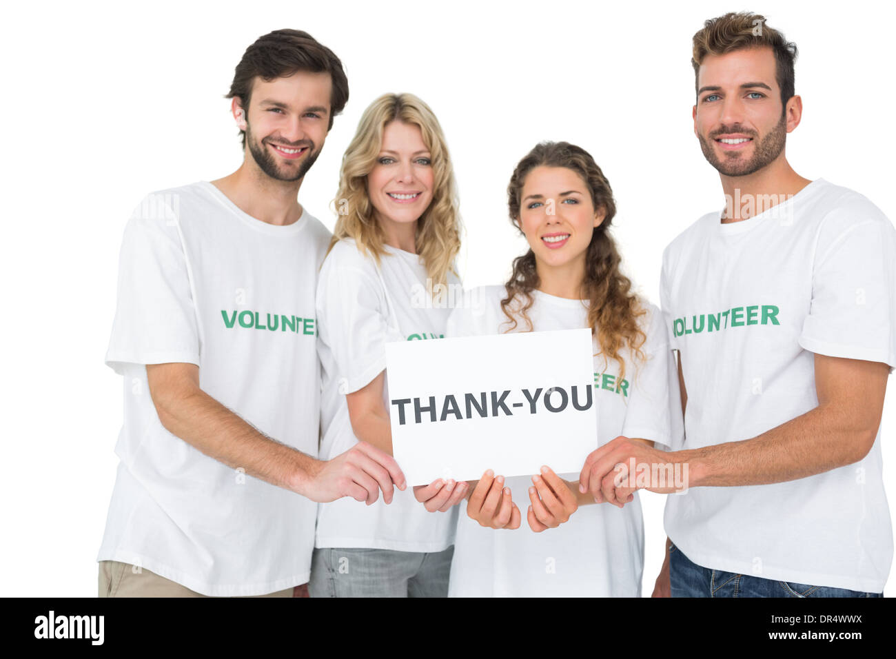 Retrato de la feliz celebración de voluntarios 'gracias' junta Foto de stock