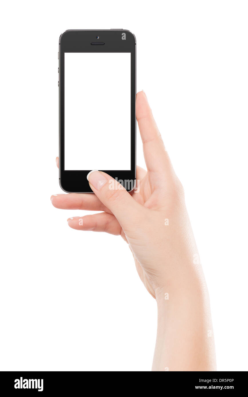 Mano sujetando hembra negro teléfono inteligente moderno con pantalla en blanco y pulsa el botón con el dedo pulgar. Aislado sobre fondo blanco. Foto de stock