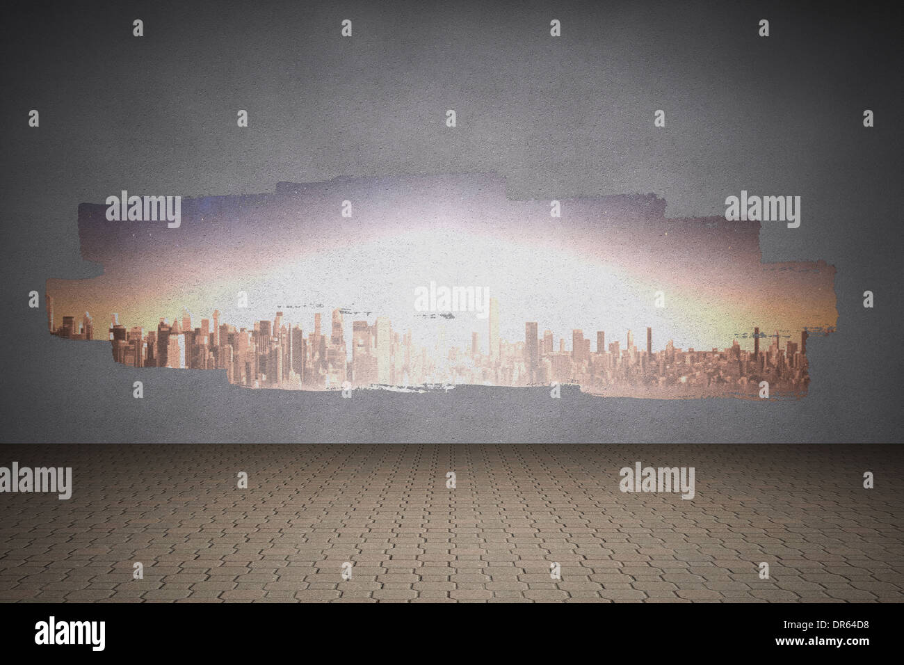 Visualización en pared mostrando ciudad brillante Foto de stock