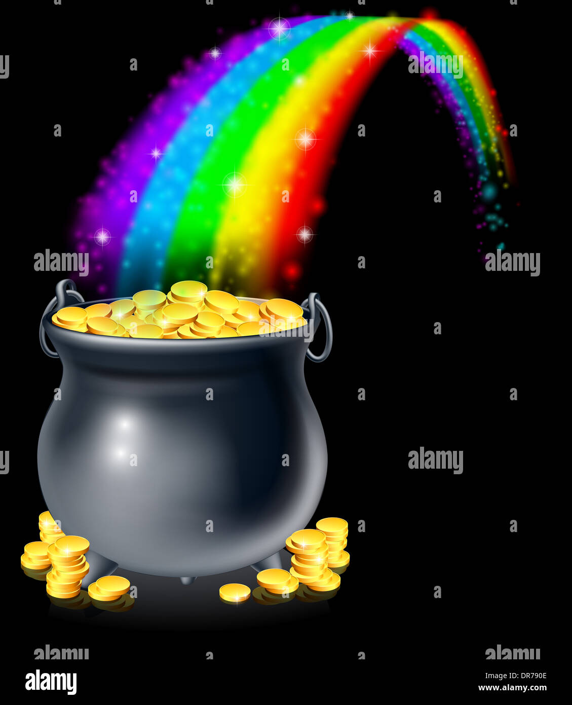 Un caldero o una olla llena de monedas de oro al final del arco iris. Olla de Oro al final del arco iris concepto Foto de stock