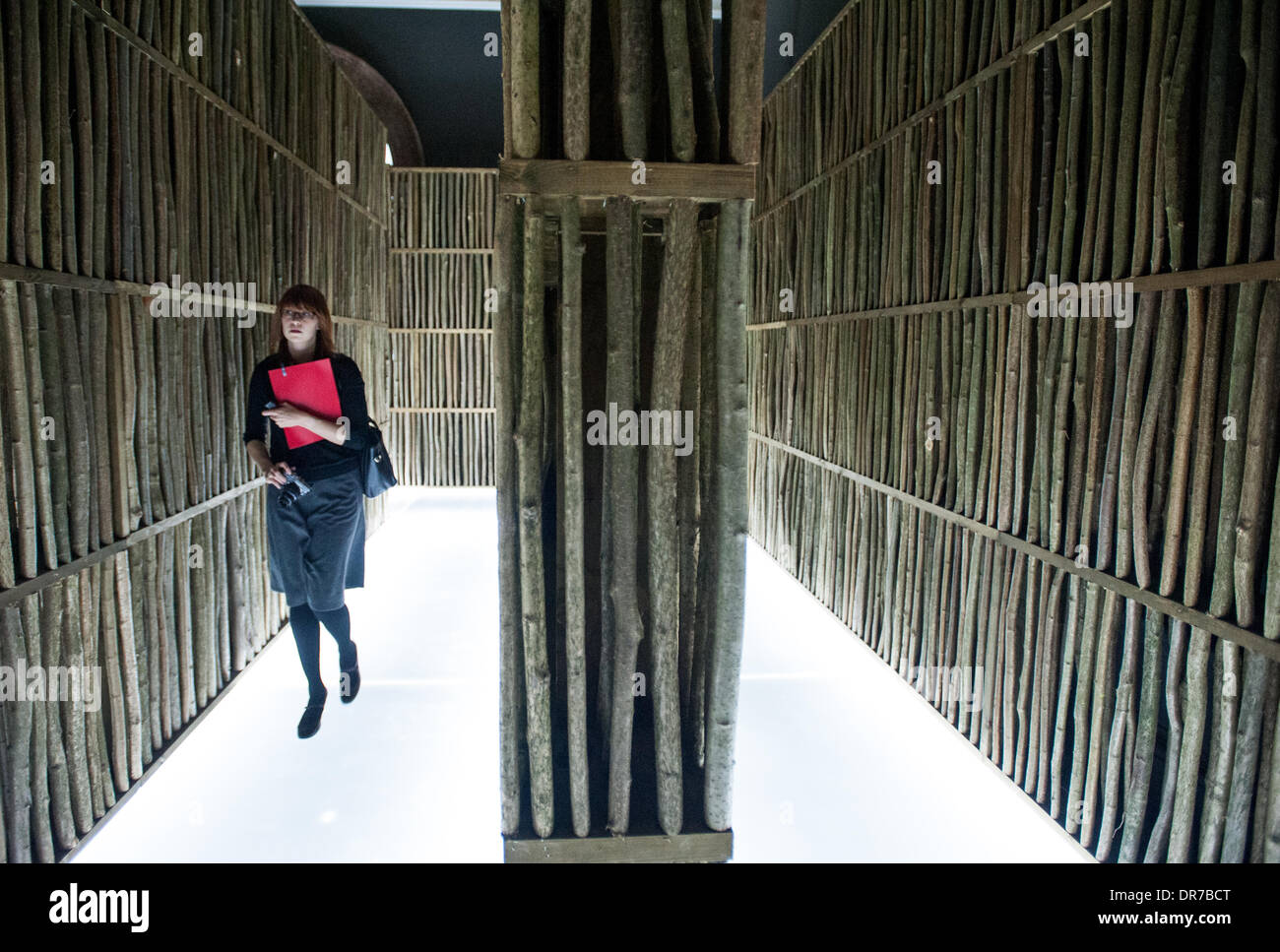 Londres, Reino Unido - 21 de enero de 2014: una mujer camina dentro de la instalación por Li Xiaoong en los espacios de detección: Arquitectura reinventado exposición en la Real Academia de Arte de Crédito: © Piero Cruciatti/Alamy Live News Foto de stock