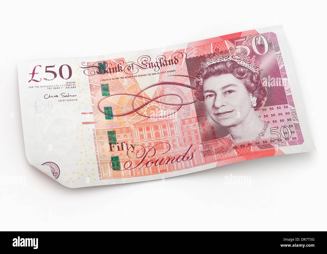 Nota 50 libras esterlinas moneda británica sobre fondo blanco. Foto de stock