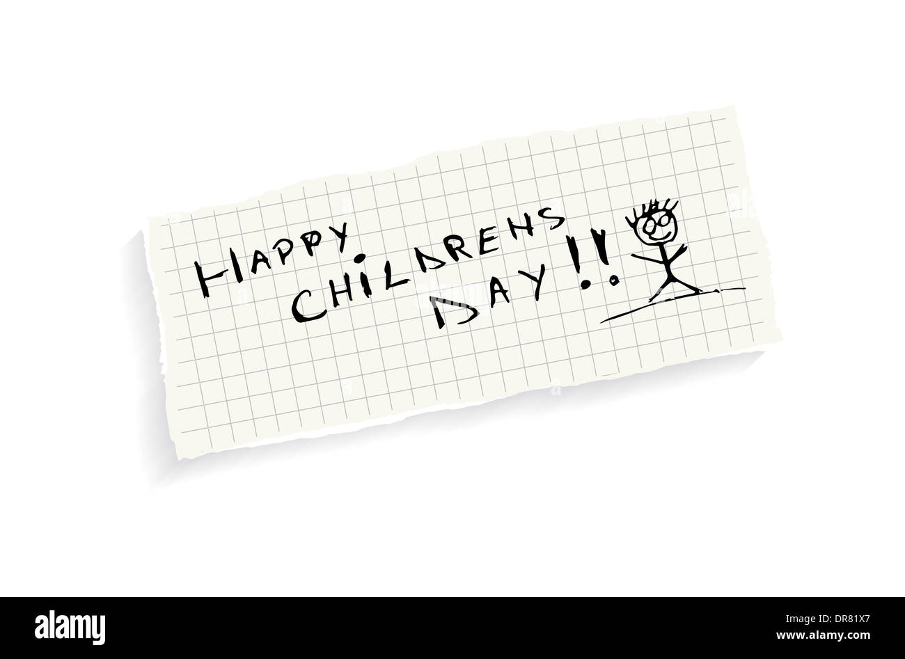 Feliz día de los niños! Texto escrito a mano en un pedazo de papel matemáticas aislado sobre un fondo blanco. Foto de stock