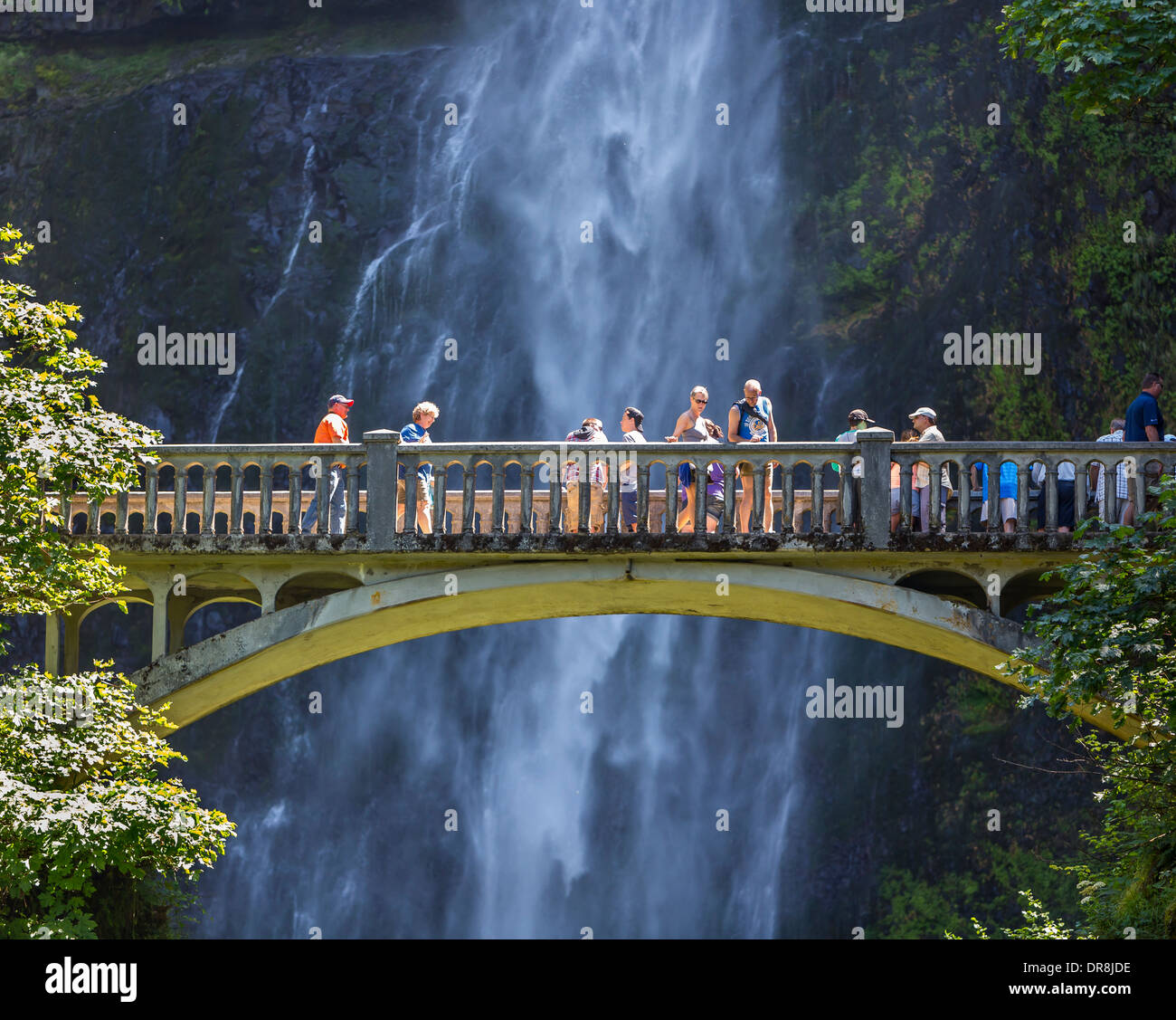 COLUMBIA River Gorge, Oregón, EE.UU. - Los turistas en el puente en el Multnomah Falls. Foto de stock