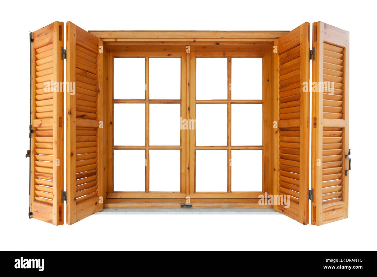 Fotomural Ventana abatible de madera con correa decorativa bisagras aisladas