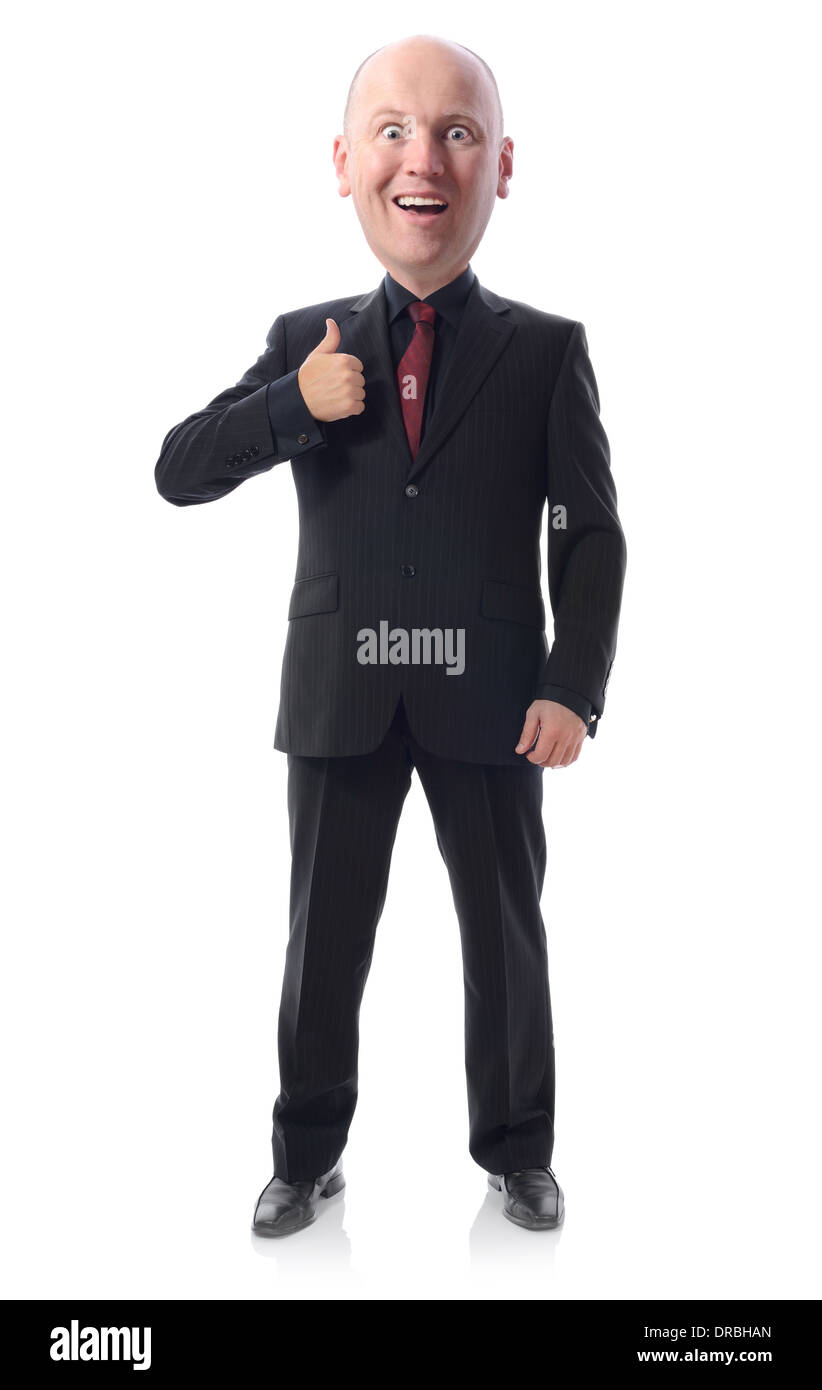Empresario sonriente con cabeza grande en traje gesticulando Thumbs up signo aislado en blanco Foto de stock