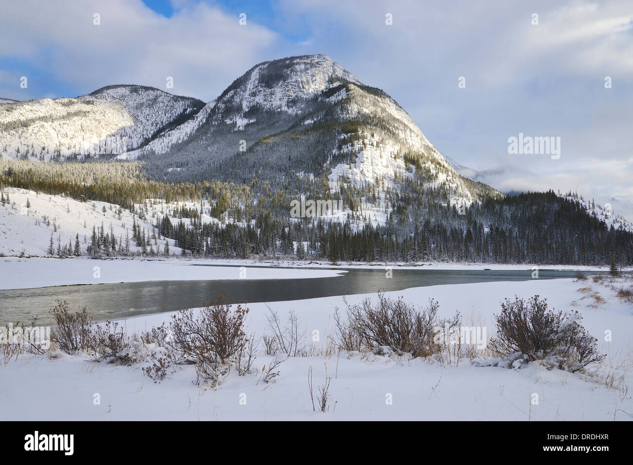 Un paisaje invernal imagen a lo largo del río Athabasca, en el Parque Nacional de Jasper, Alberta, Canadá. Foto de stock