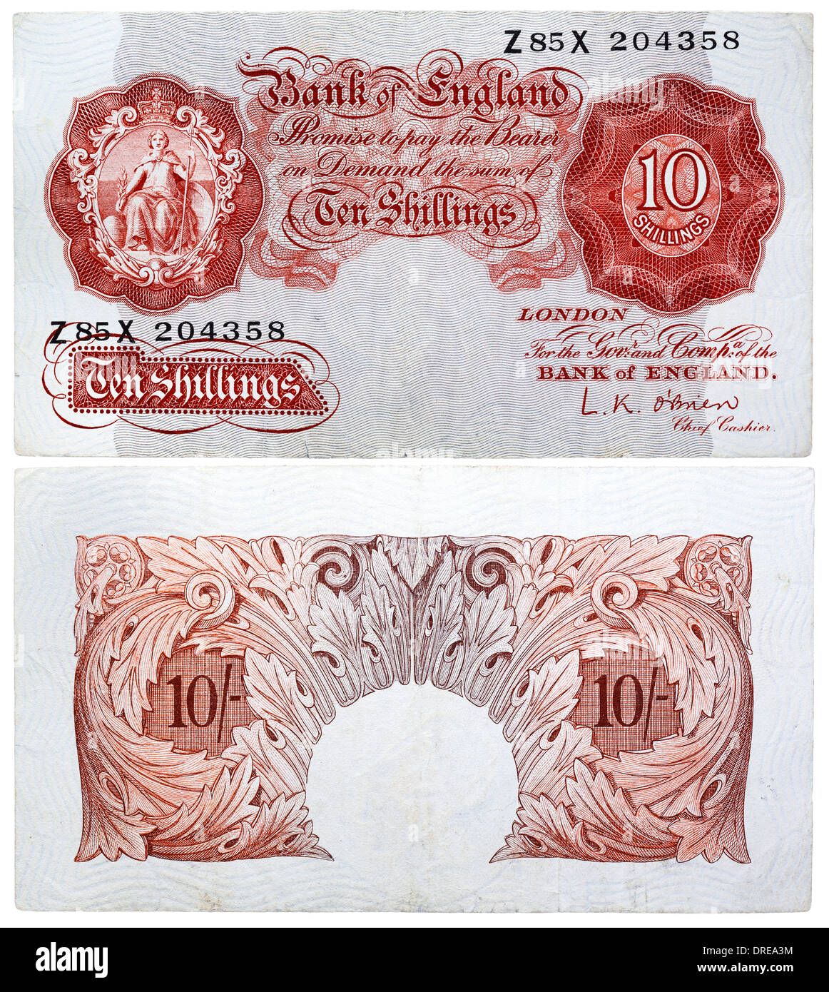 Billete de 10 chelines, sentado Britannia, Reino Unido, 1955 Foto de stock