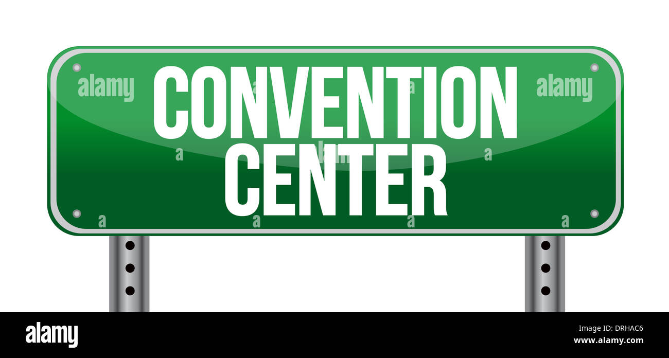 Señal de carretera del centro de convenciones de diseño ilustración sobre un fondo blanco. Foto de stock