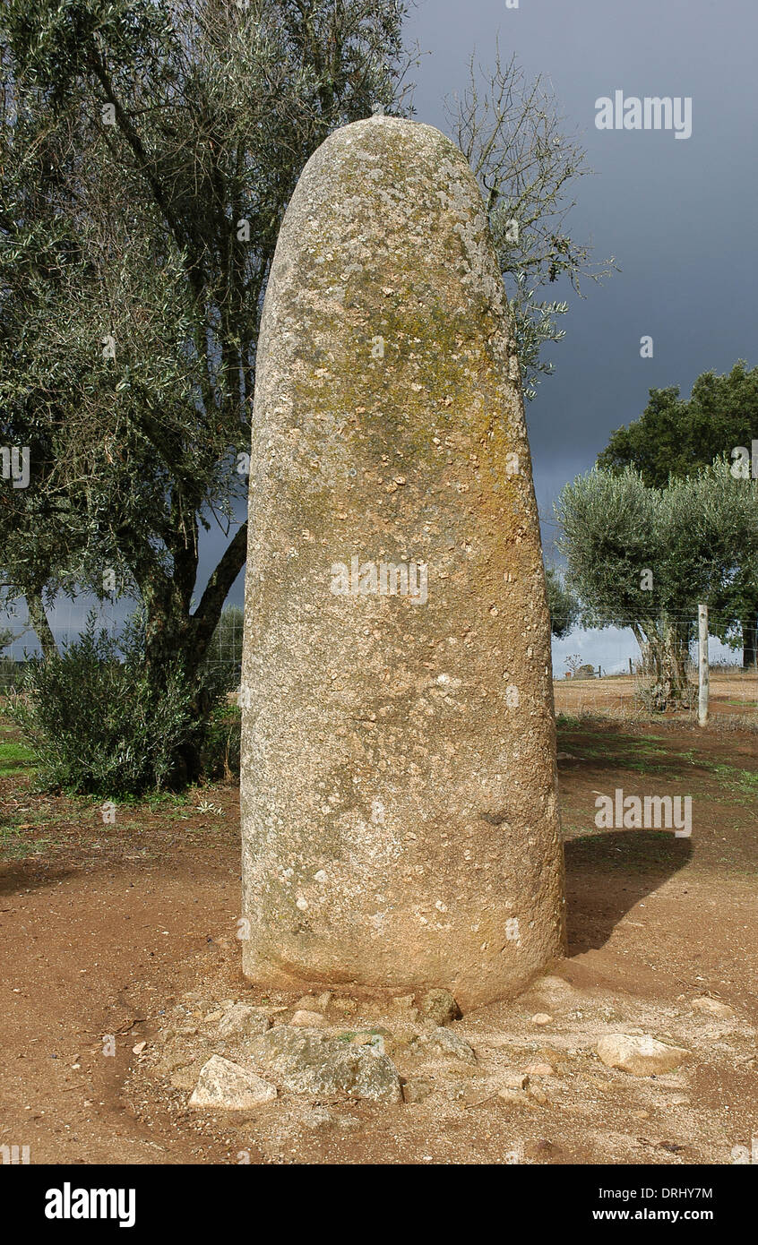 Portugal. Cerca de la ciudad de Evora. El cromlech de los Almendres. Conjunto megalítico: Cromlechs y menhires de piedras. Neolítico. Foto de stock