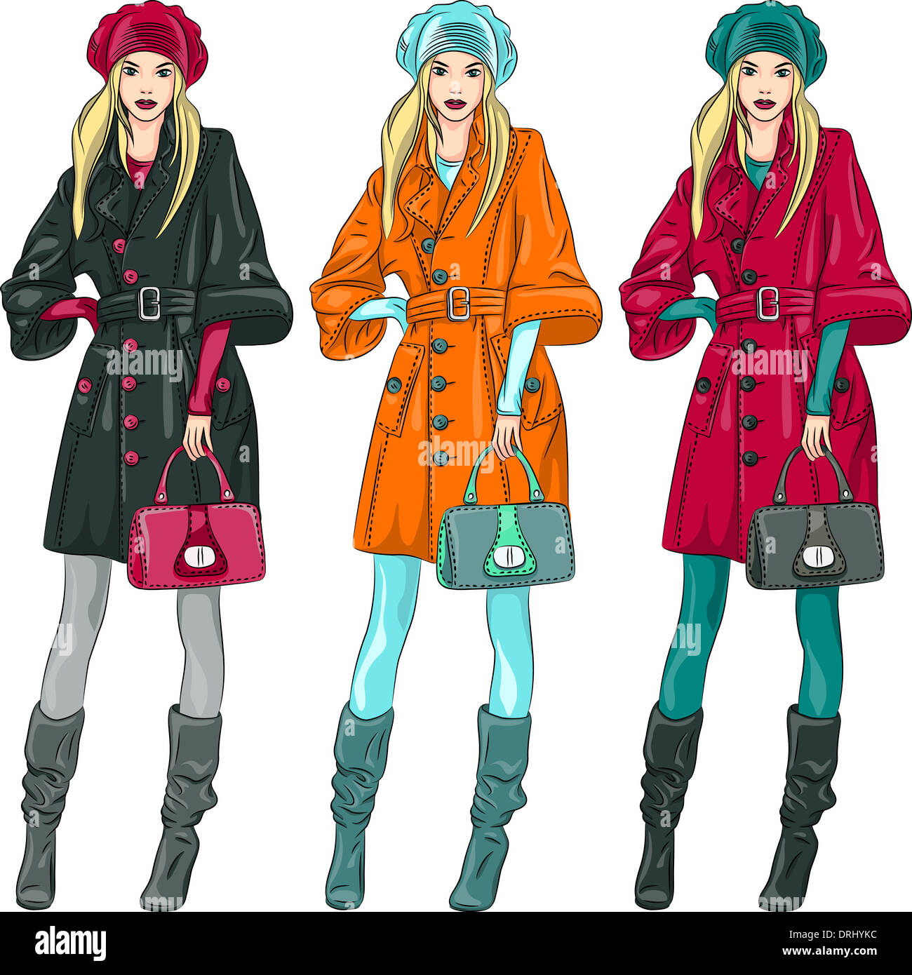 Establecer hermosas chicas Moda top model en una boina, abrigo y botas en  tres combinaciones de colores Fotografía de stock - Alamy