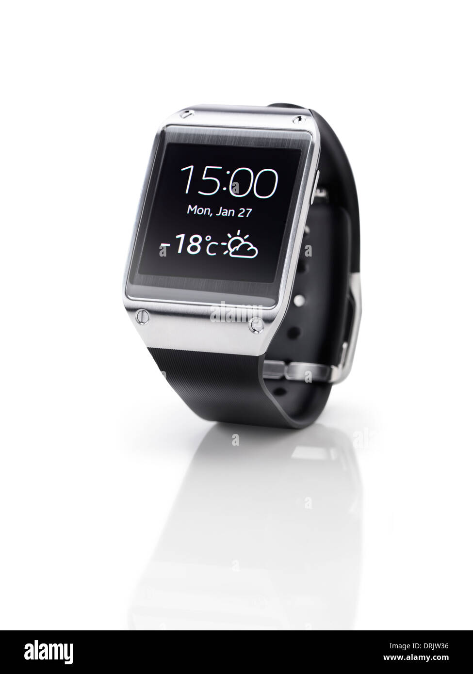 Samsung Galaxy marcha smartwatch closeup. Ver aisladas sobre fondo blanco con trazado de recorte. Foto de stock