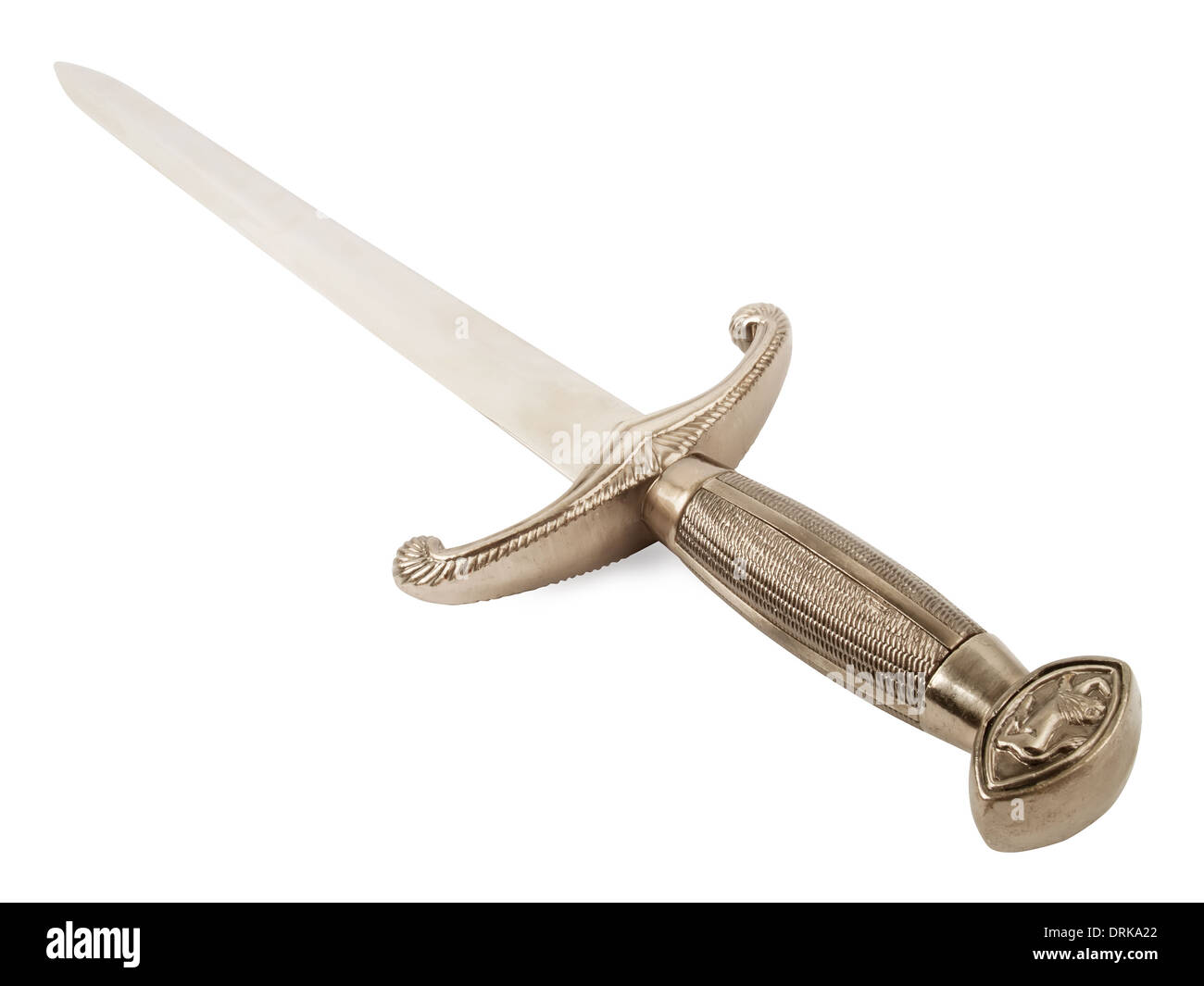 Abrecartas espada de acero, aislado sobre fondo blanco. Foto de stock