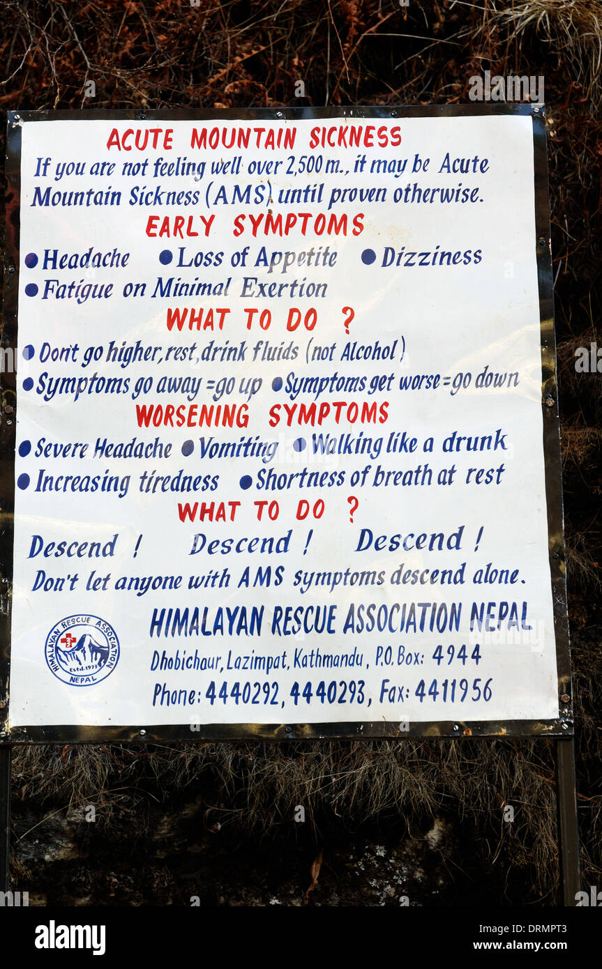 Un signo en el campamento base del Everest trek trekkers de advertencia de los síntomas del mal agudo de montaña y los efectos de la altitud Foto de stock