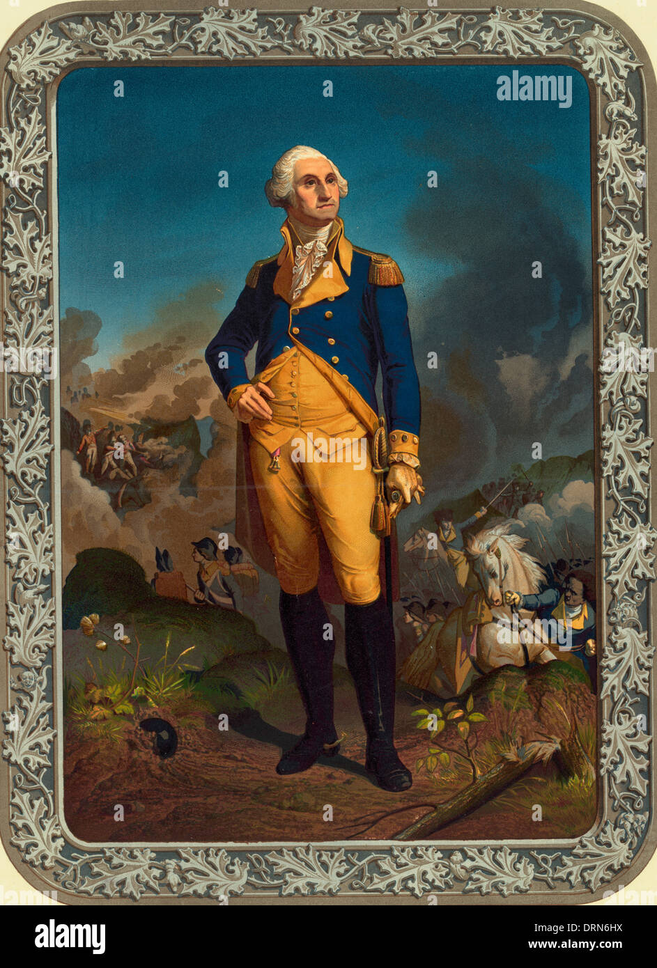 El General George Washington, con escenas de batallas en el fondo y en un marco de fantasía Foto de stock