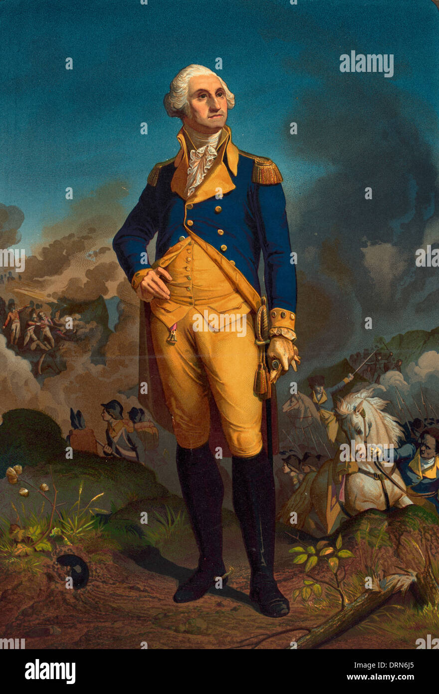 El General George Washington, con escenas de batallas en segundo plano. Foto de stock
