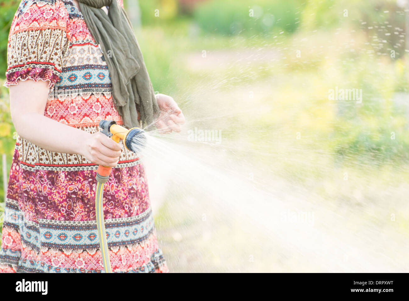 Estilo de vida escena de verano. Mujer regar plantas de jardín con rociador. Foto de stock